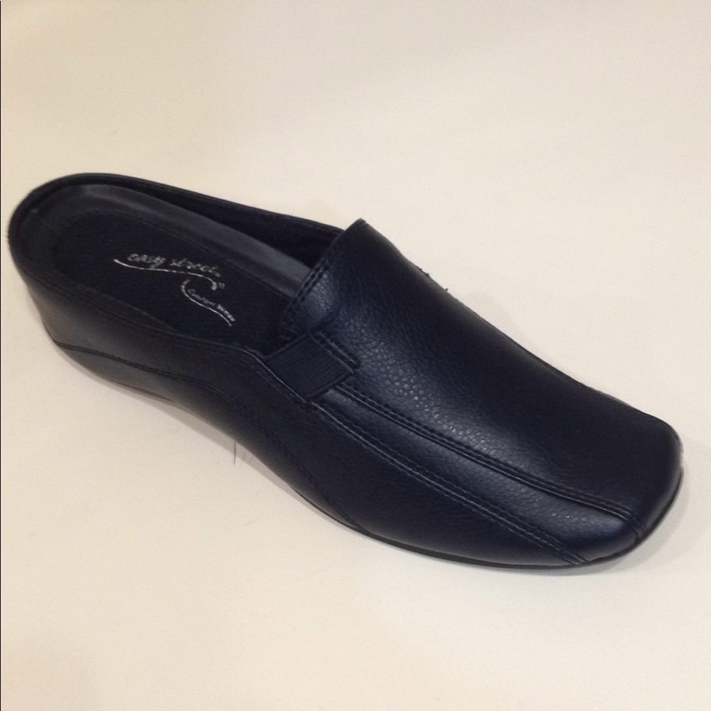 Easy Street Navy Mule Wedge with an Elastic Gore